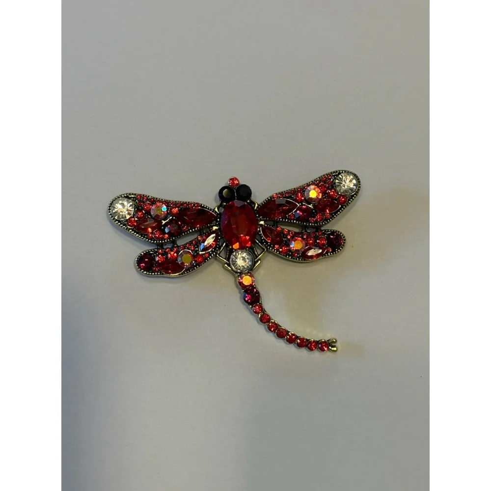 Vintage Dragonfly Brooch Ruby Glass Metal Grandma Whimsy Fairy Garden